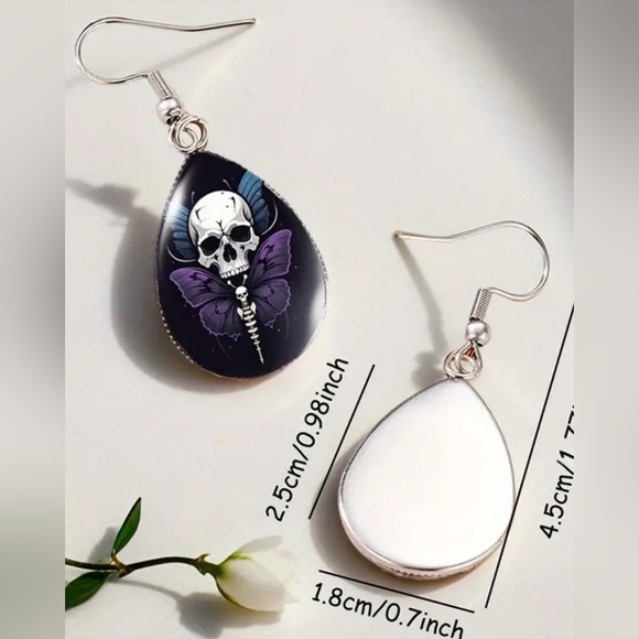 purple black butterfly earrings Skull Butterfly Drop Whimsigoth, Fairycore Goth - Picture 2 of 4